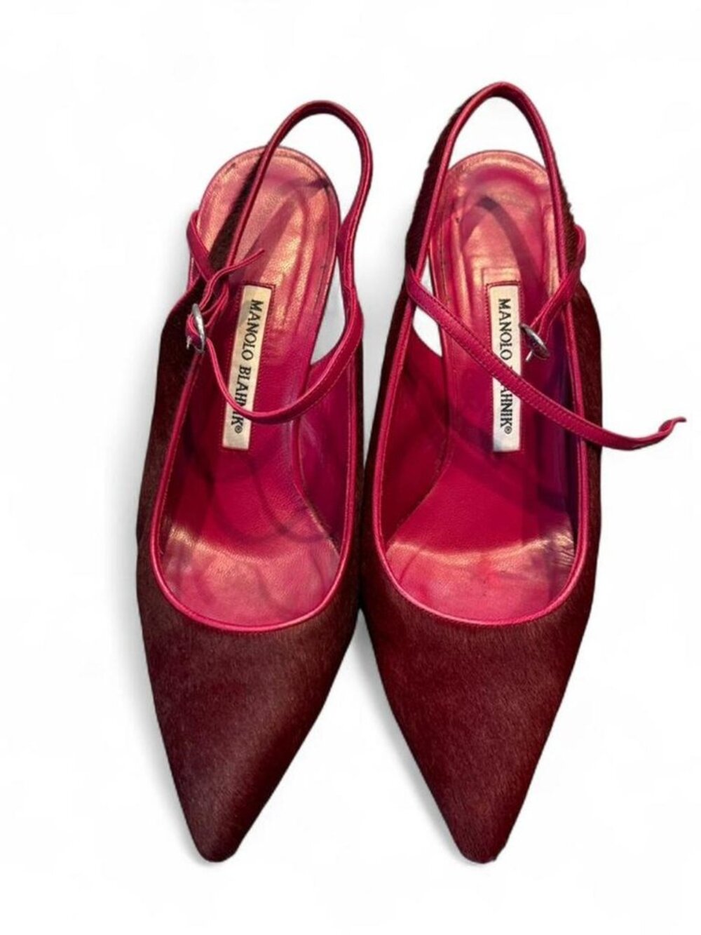 Super Rare Vintage Manolo Blahnik burgundy and pink pony hair slingback heels